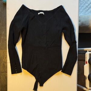 Abercrombie & Fitch Chic Black Ribbed Sweater Bodysuit (Off the Shoulder V Neck)
